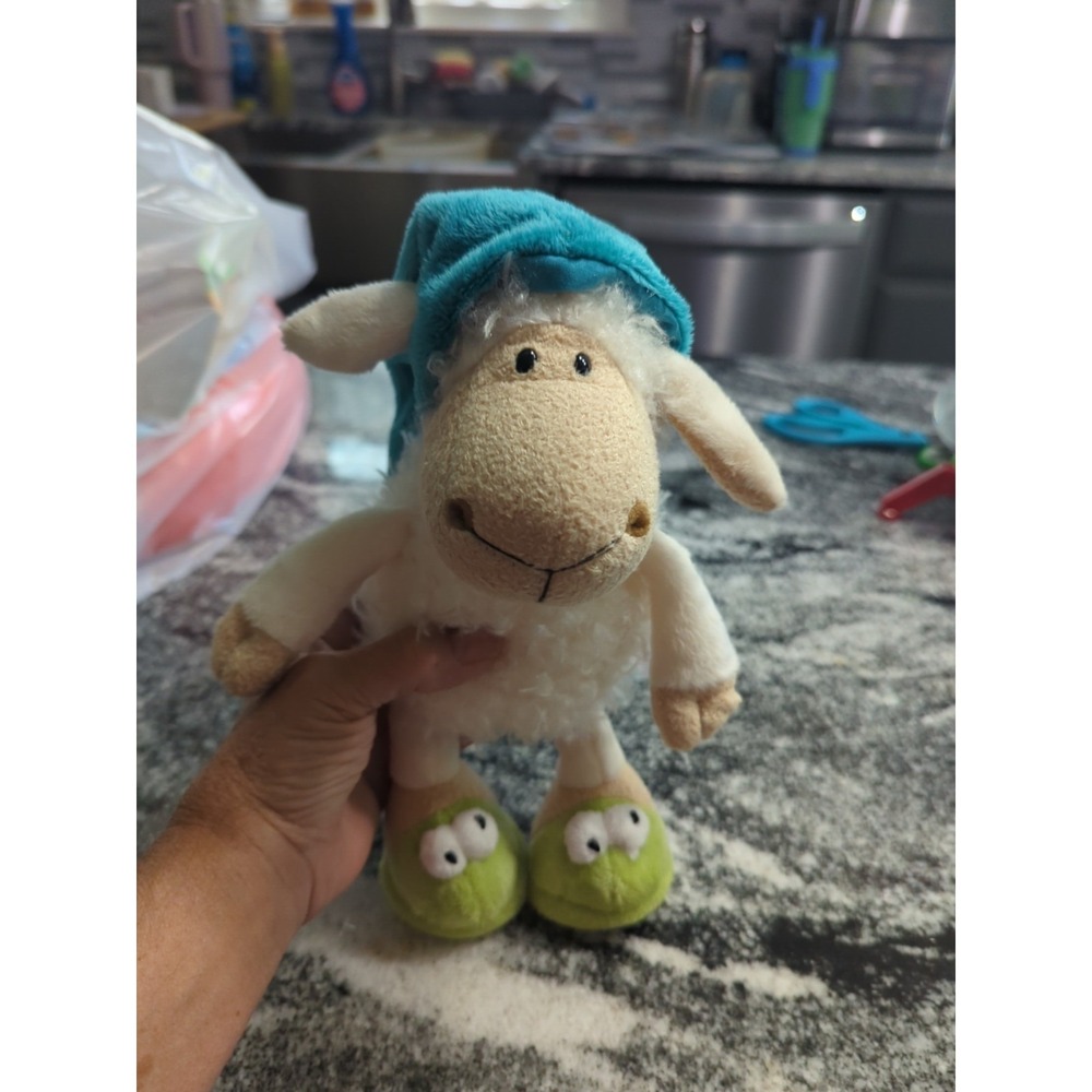 Fuzzy Night Time Sheep Plush Adorable House Slippers & A Nightcap Stuffed Animal